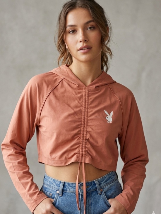 PLAYBOY Sweaters - 71 Playboy Bunny Ruched Crop Hoodie  Coral| Y2K Streetwear Pullover Sweater